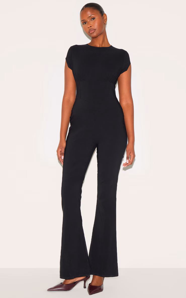 Black Stretch Woven Corset Detail Cap Sleeve Flared Jumpsuit