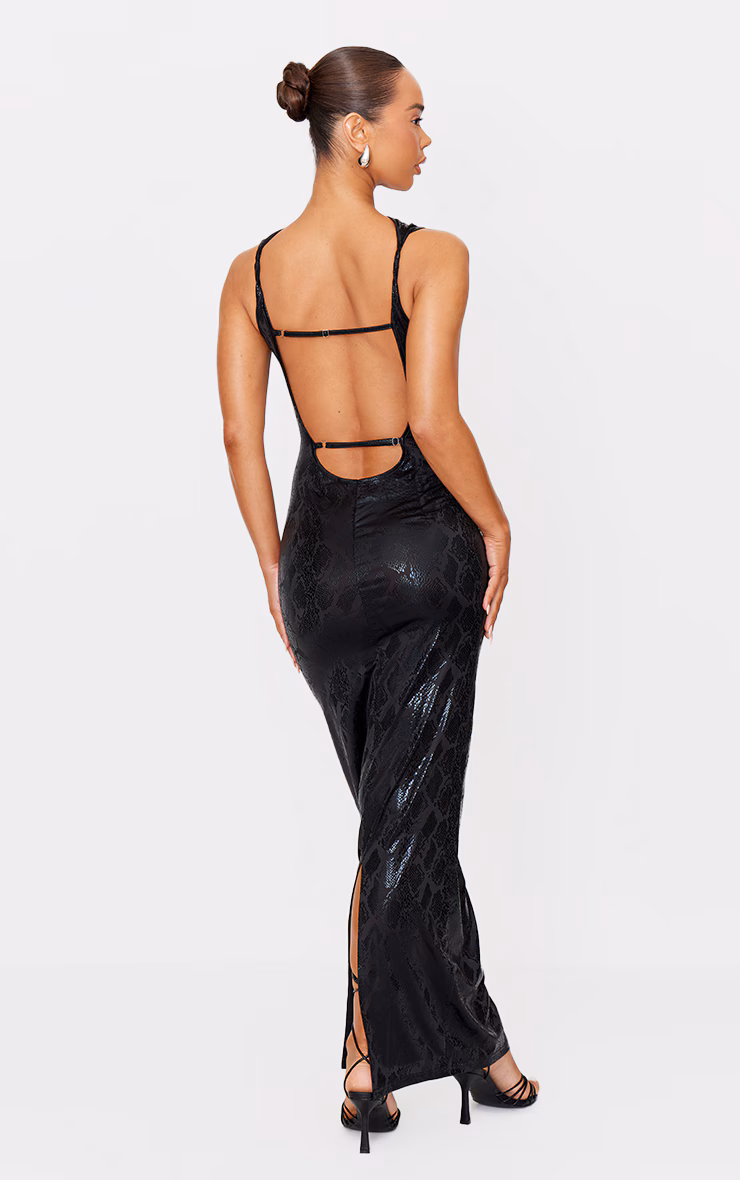 Black Boat Neck Snake Print Low Back Midaxi Dress