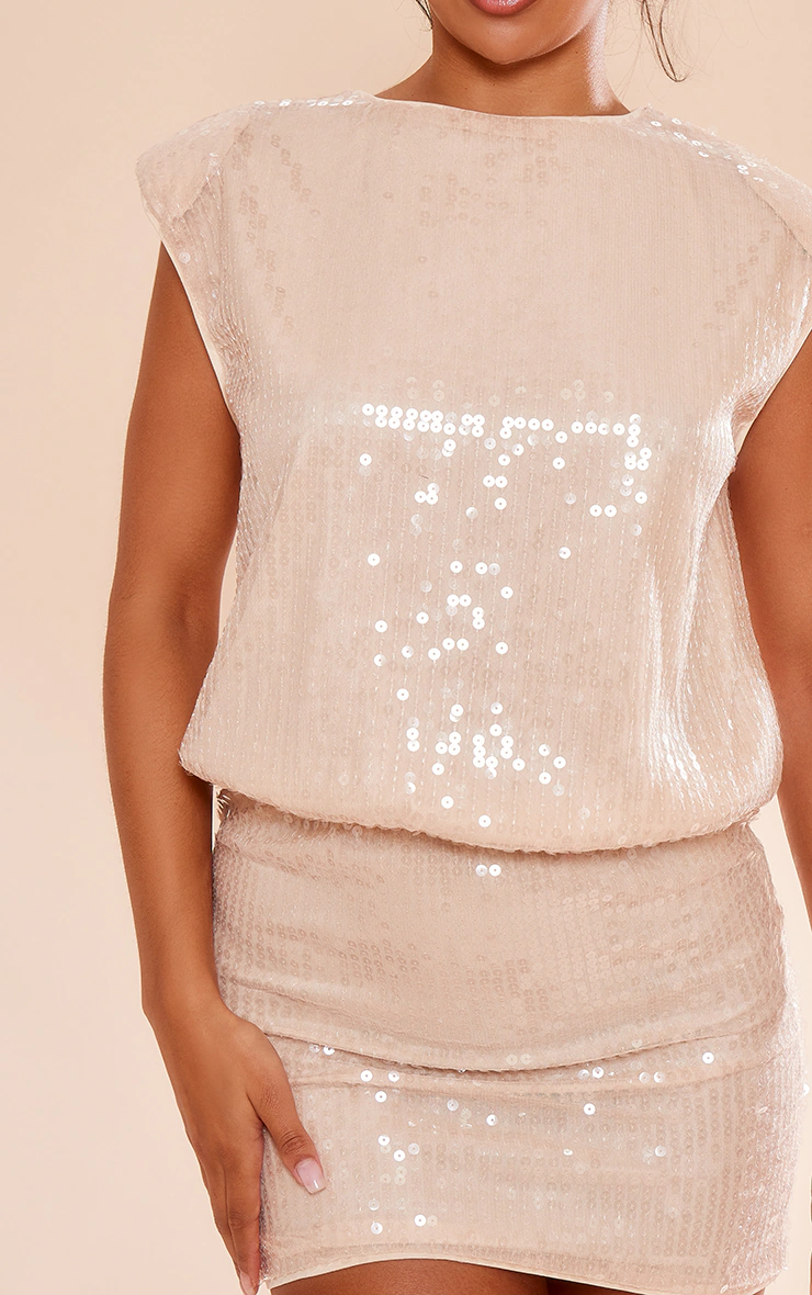 Nude Sequin Shoulder Pad Sleeveless Bodycon Dress