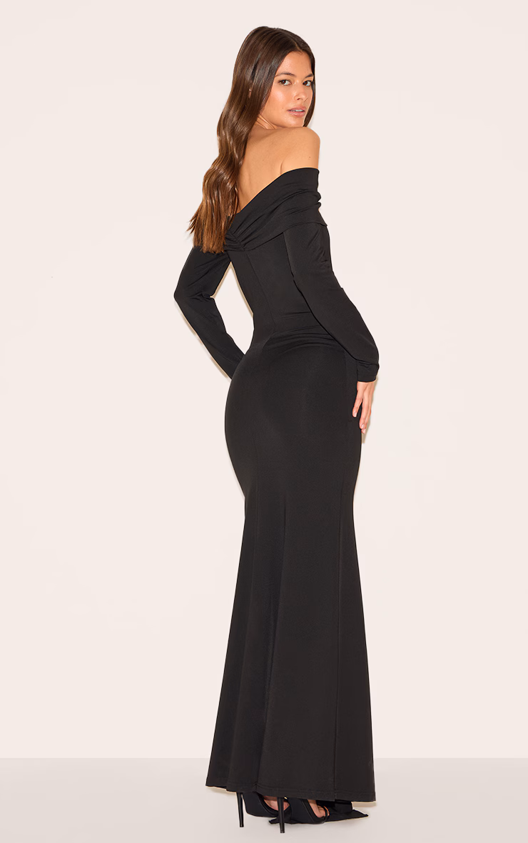 Black Bardot Long Sleeve Trim Drape Detail Maxi Dress