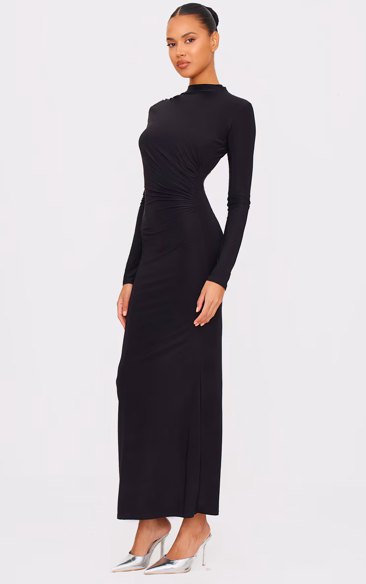 Black Slinky Long Sleeve Maxi Dress