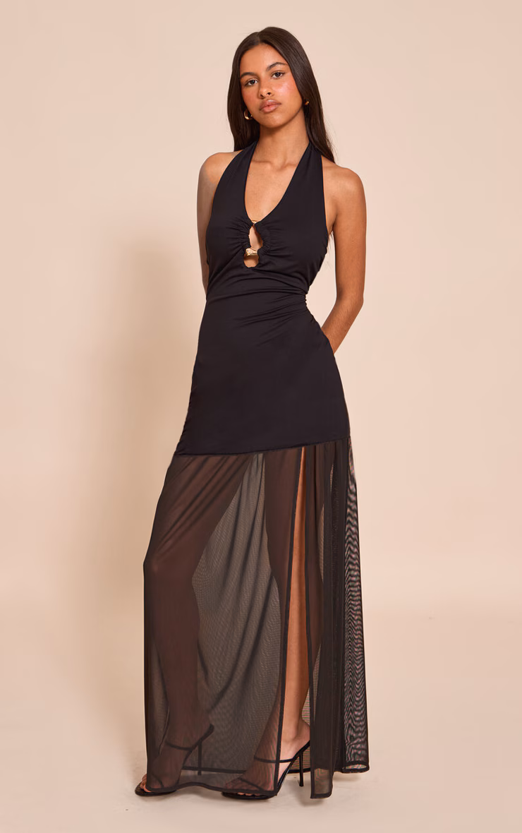 Petite Black Halterneck Trim Detail Mesh Panel Maxi Dress