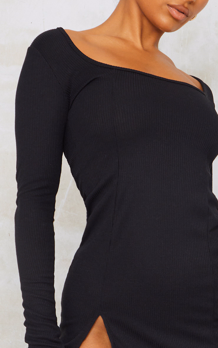 Black Rib Split Hem Square Neck Long Sleeve Bodycon Dress