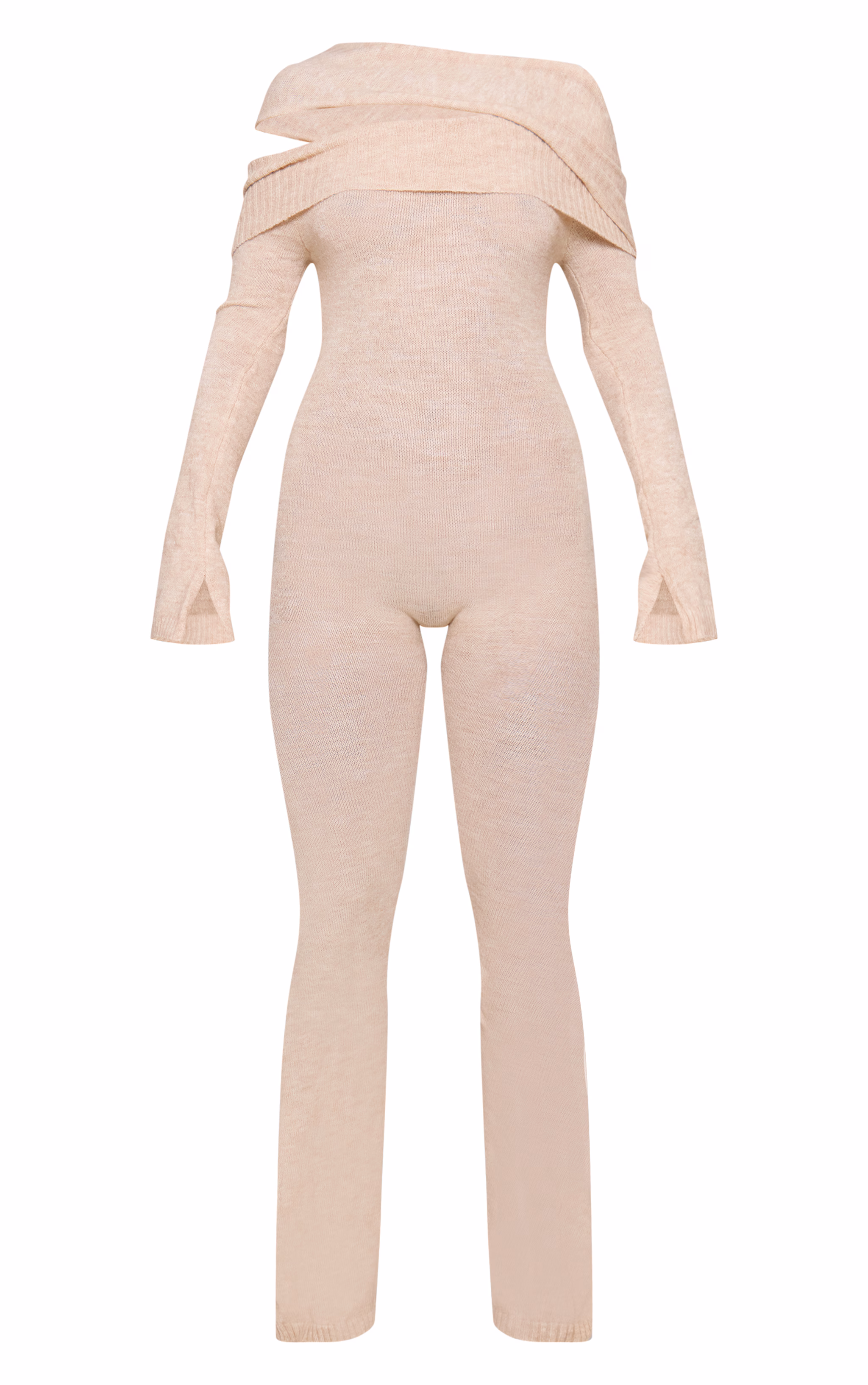 Oatmeal Soft Knit Bardot Foldover Asymmetric Neck Jumpsuit