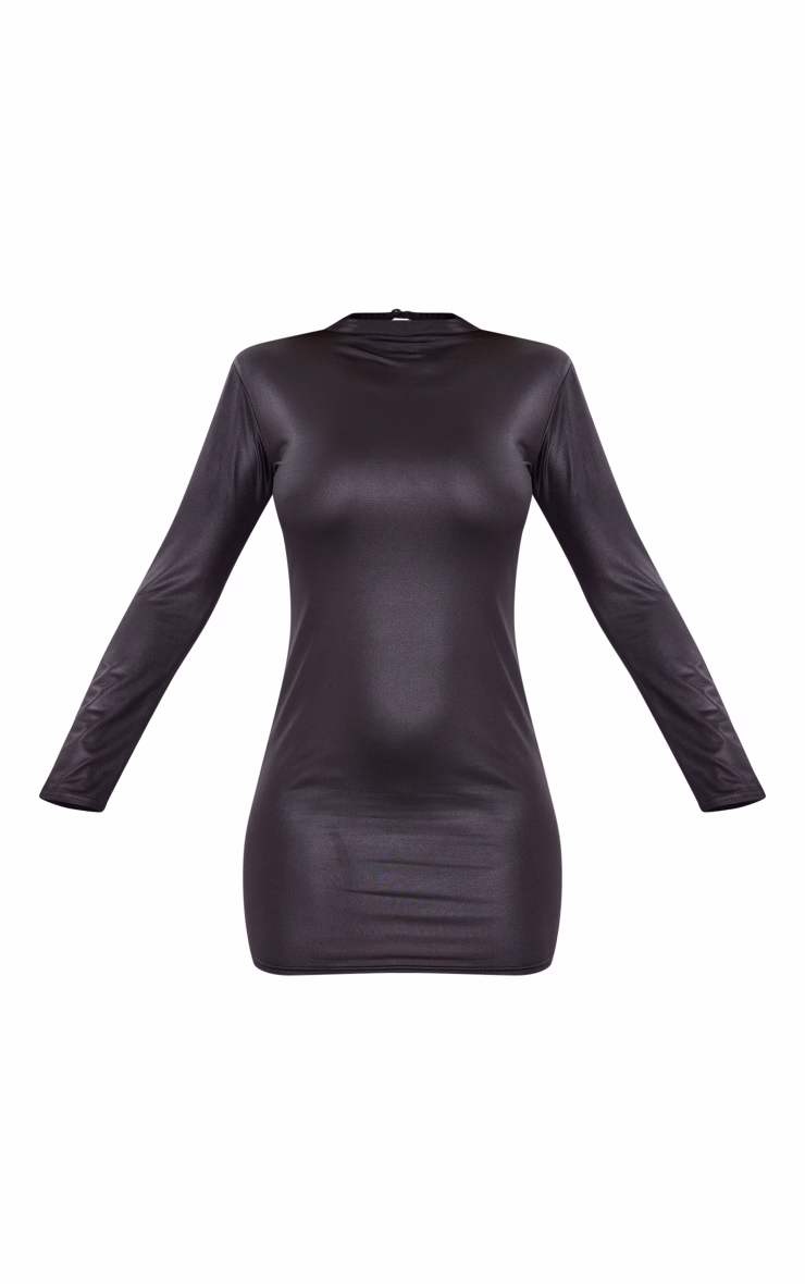 Black Shiny Long Sleeve High Neck Mini Dress
