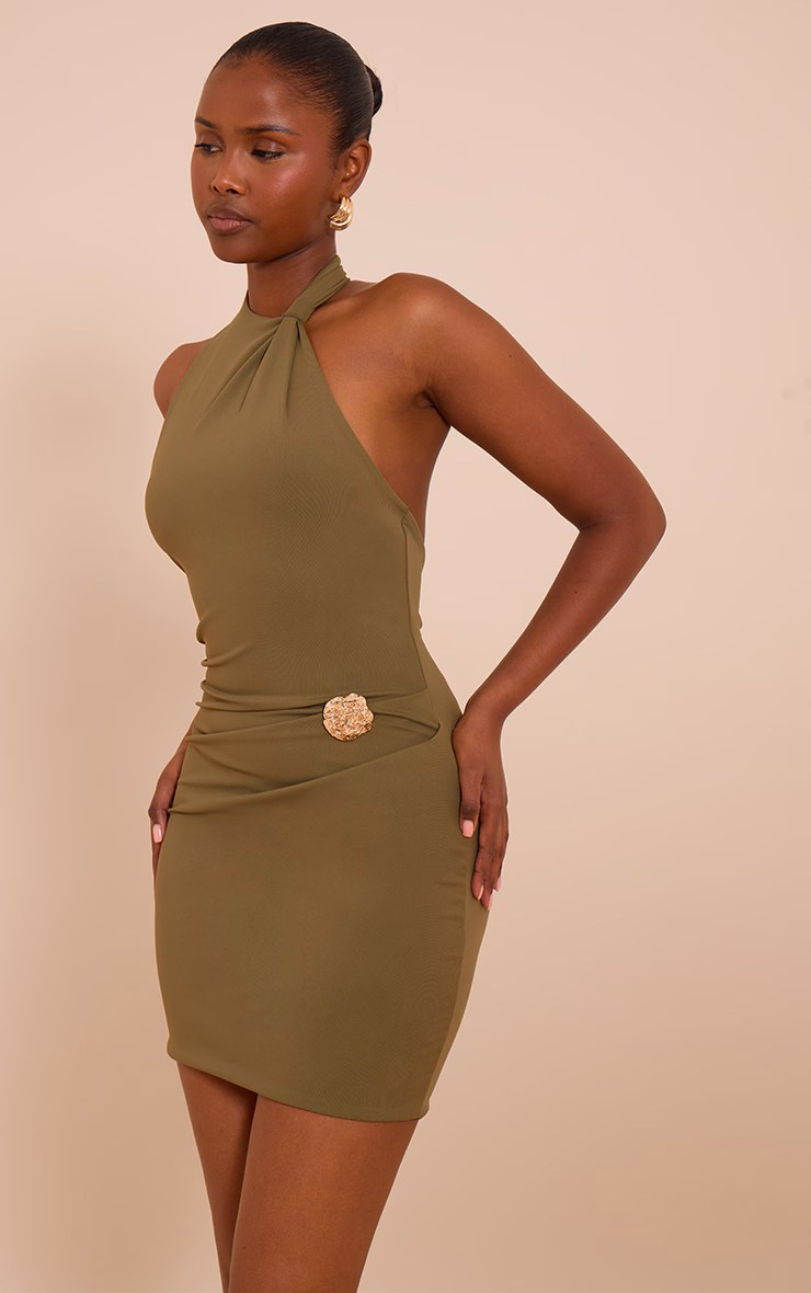 Olive Soft Touch Halter Neck Trim Detail Ruched Mini Dress