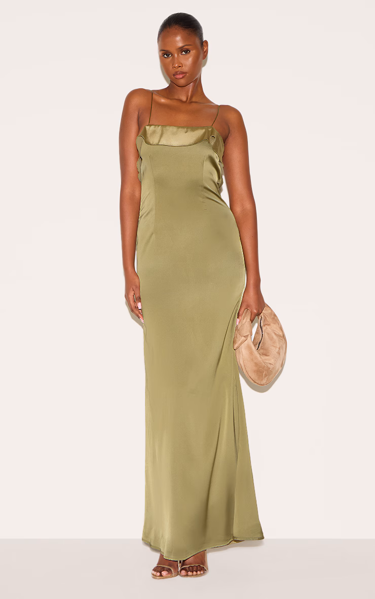Sage Green Satin Draped Frill Back Detail Maxi Dress