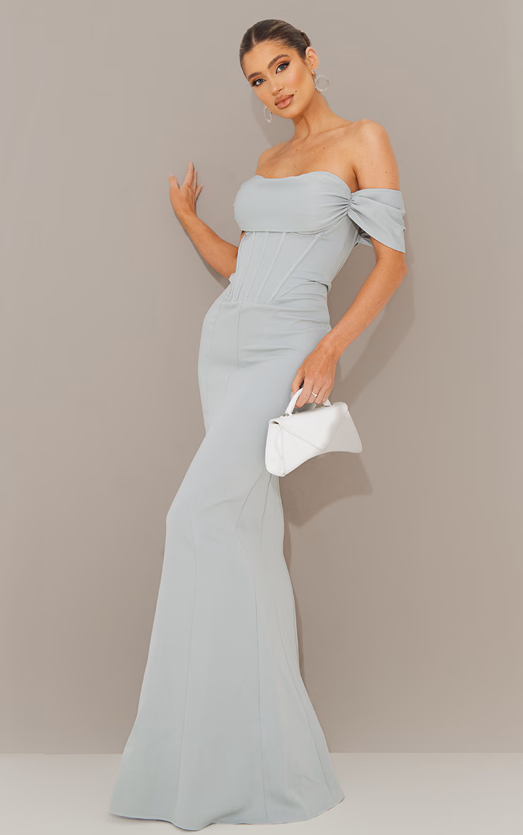 Sage Green Corset Detail Bardot Bridesmaid Dress