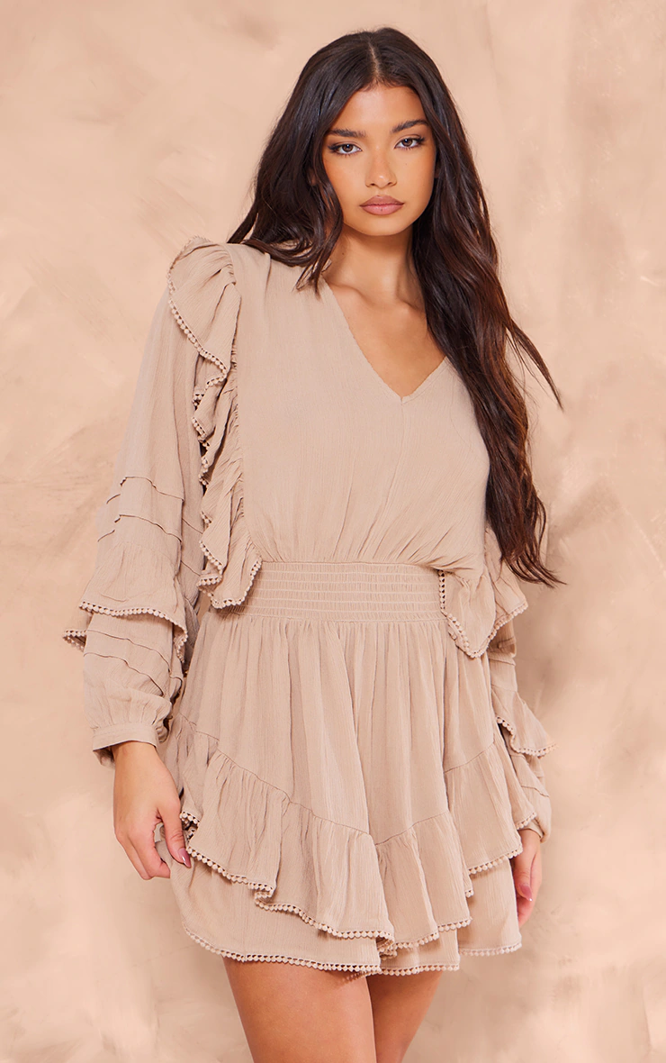 Taupe Cheesecloth Plunge Tiered Long Sleeve Shift Dress