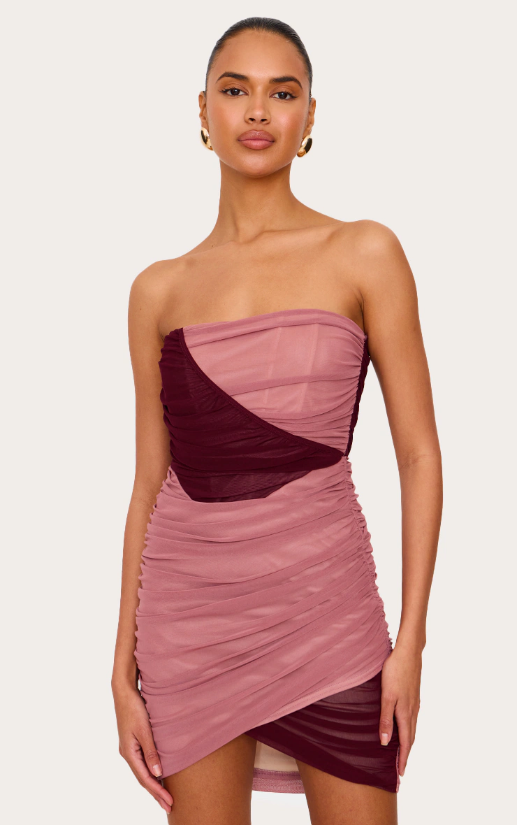 Light Pink Mesh Contrast Bandeau Mini Dress