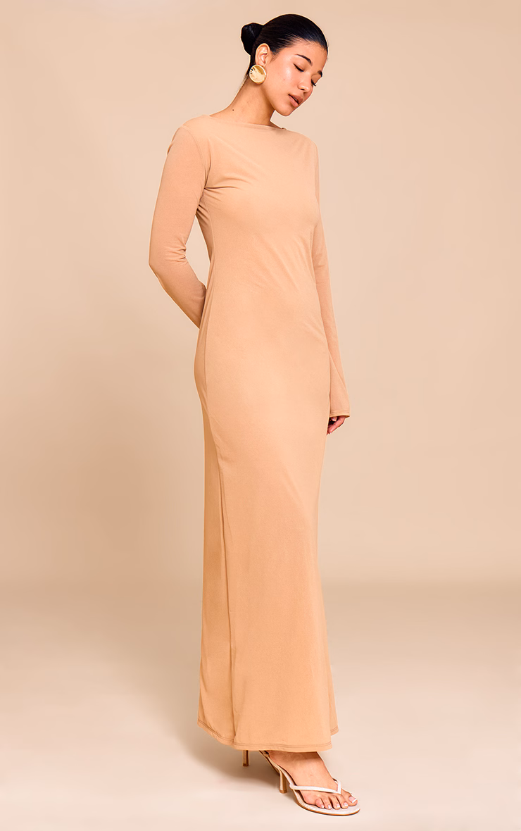 Camel Chiffon Boat Neck Long Sleeve Maxi Dress