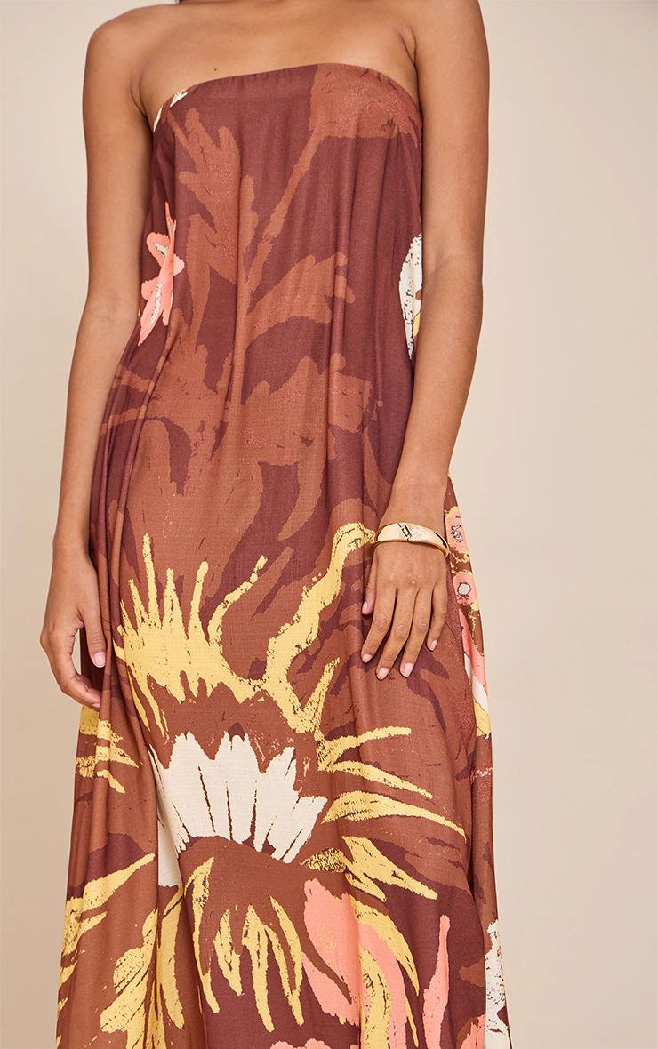 Brown Printed Oversized Bandeau Shift Maxi Dress