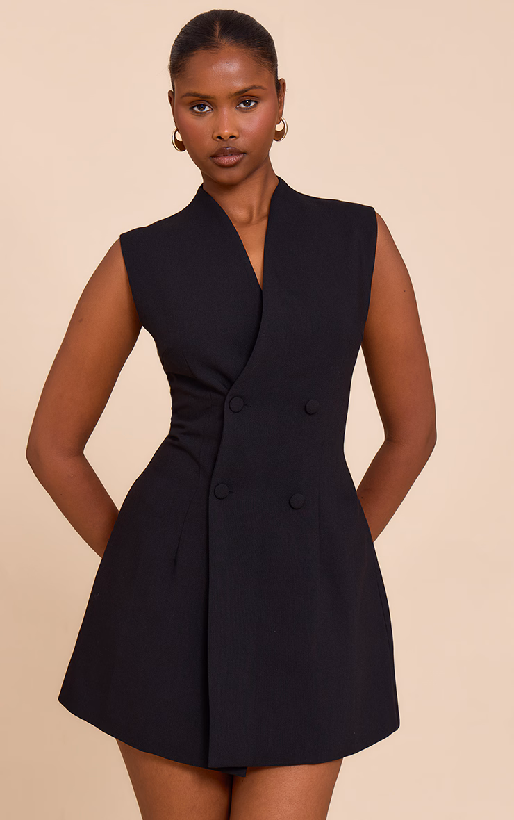 Black Woven Collarless Button Mini Dress