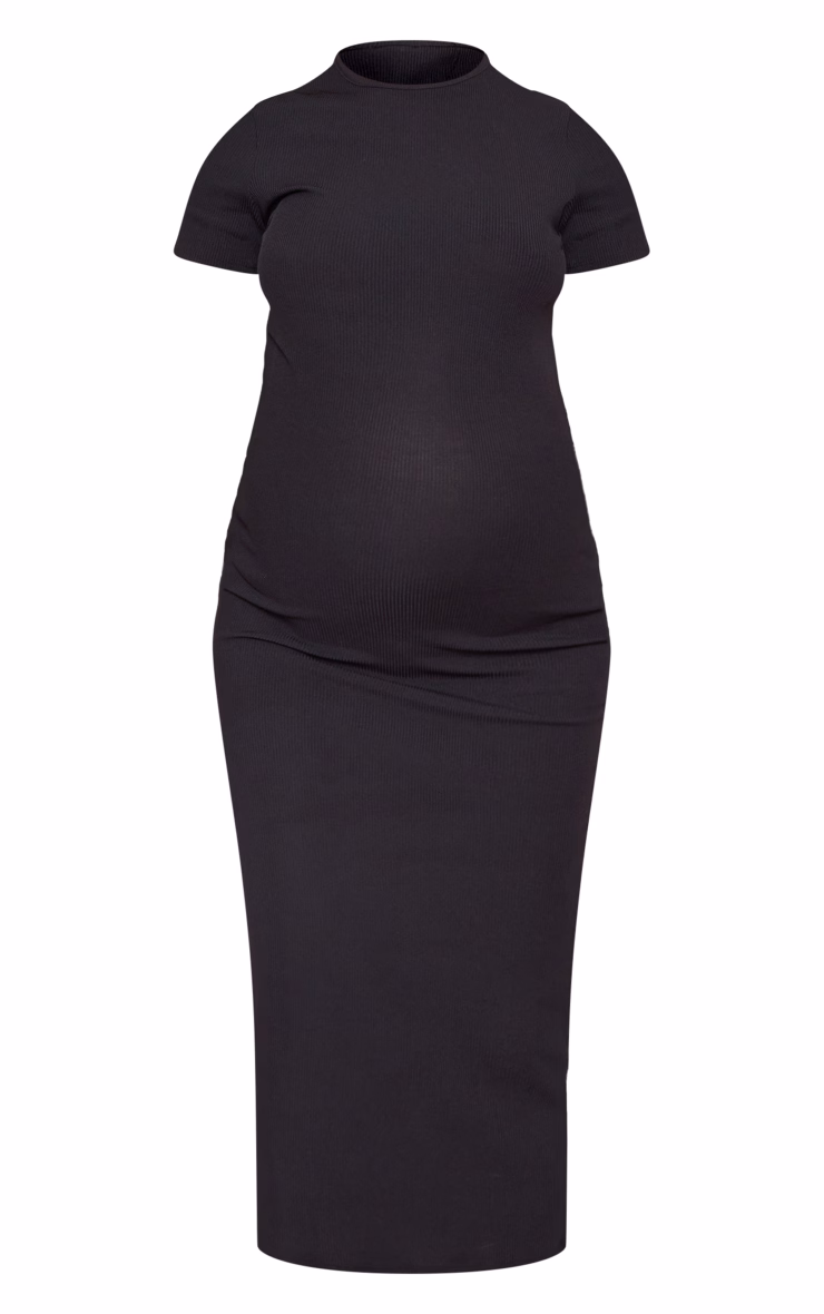 Maternity Black Ribbed Crew Neck Midi Dress