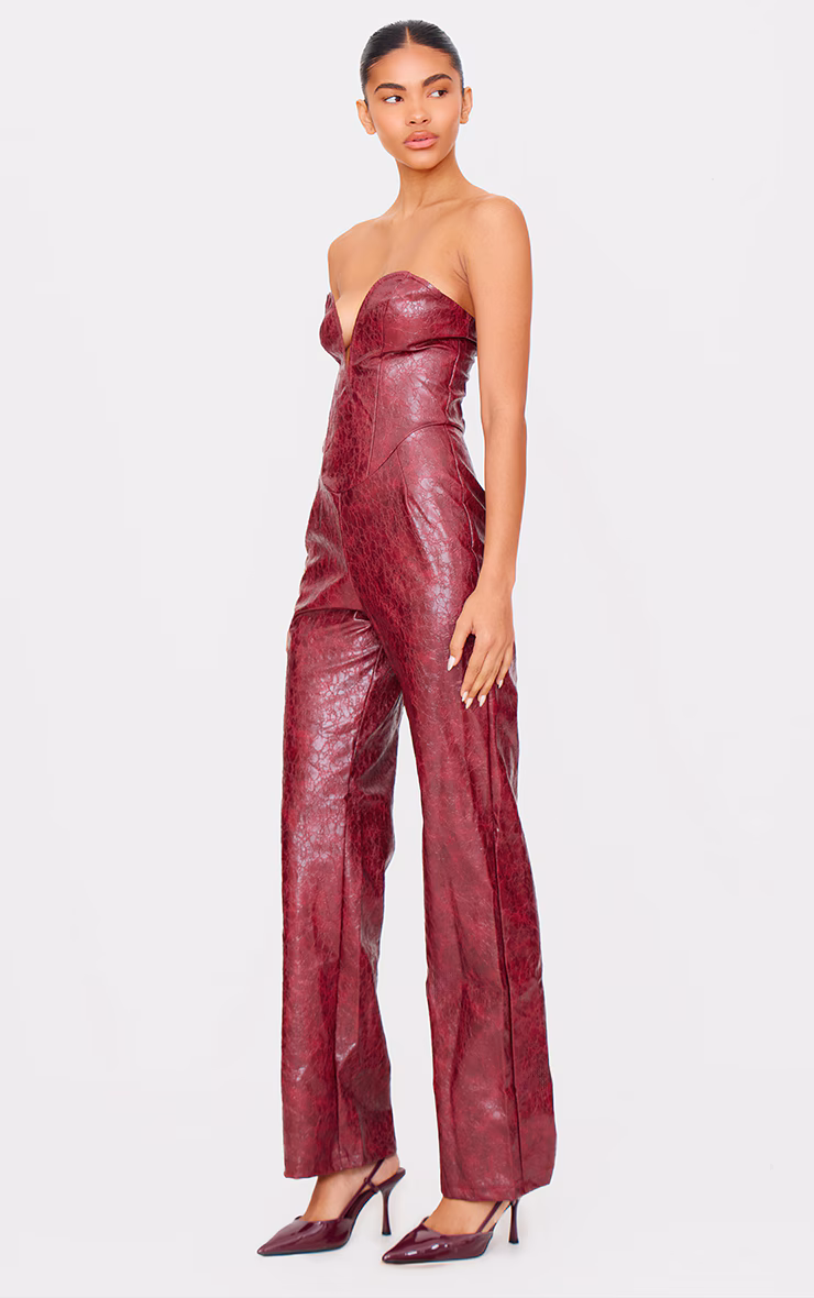 Burgundy Croc Faux Leather Bandeau Plunge Straight Leg Jumpsuit