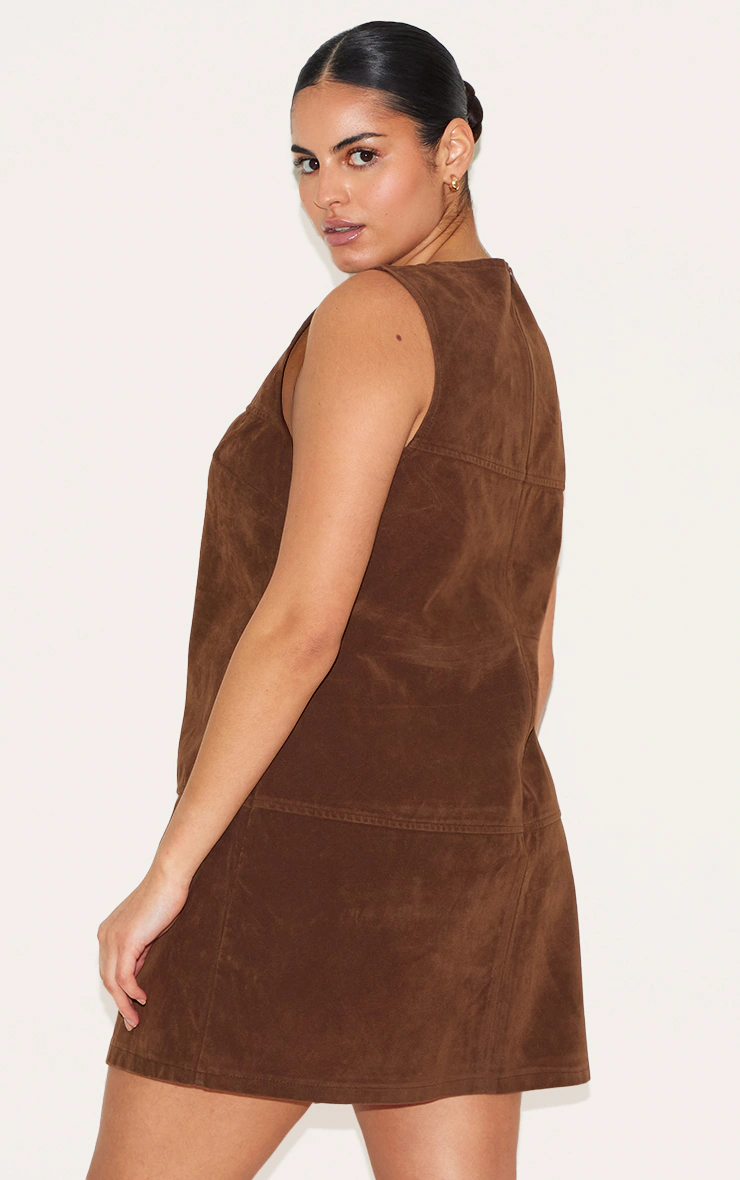Plus Deep Chocolate Faux Suede Seam Detail Sleeveless Shift Dress