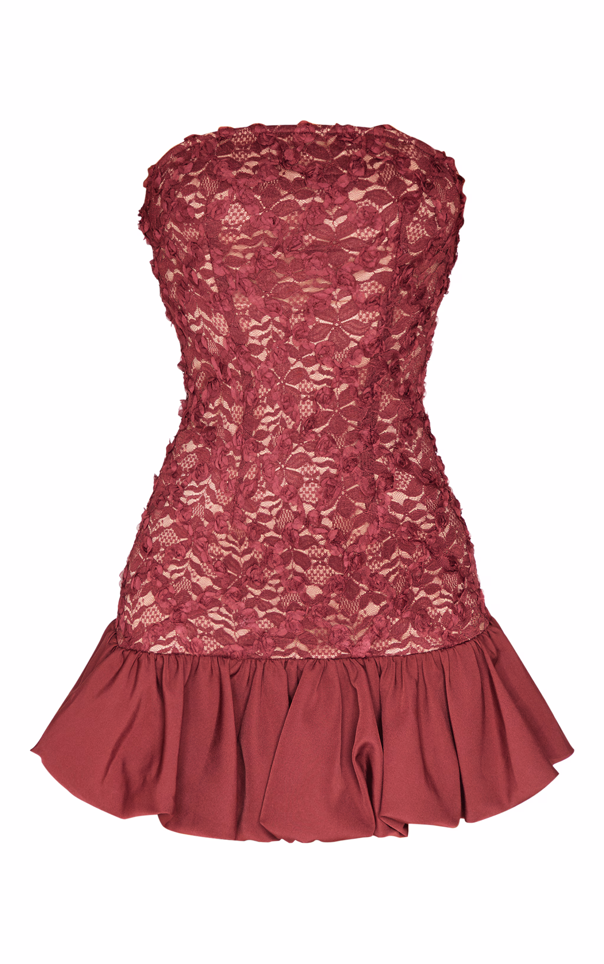Burgundy Floral Textured Bandeau Puffball Hem Shift Dress