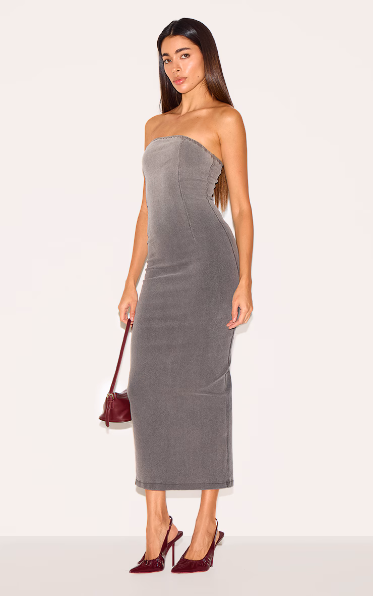Grey Ombre Stretch Denim Strapless Midaxi Dress
