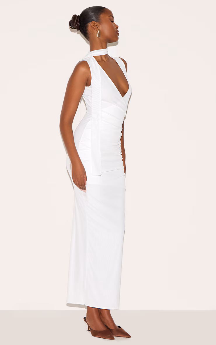 Cream Mesh V Neck Wrap Maxi Dress