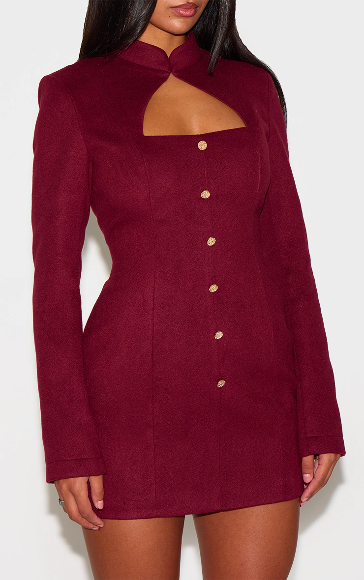 Burgundy Brushed Woven Long Sleeve Button Detail Mini Dress
