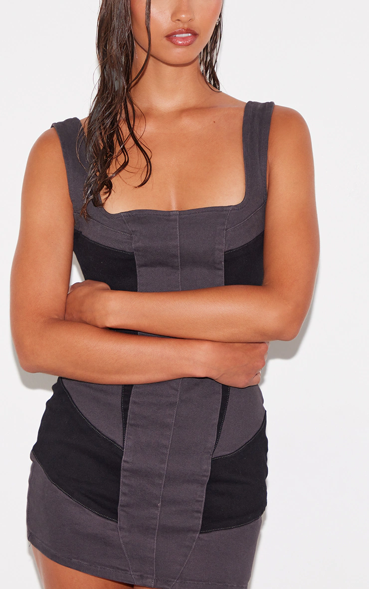 Black Contrast Panel Detail Denim Dress