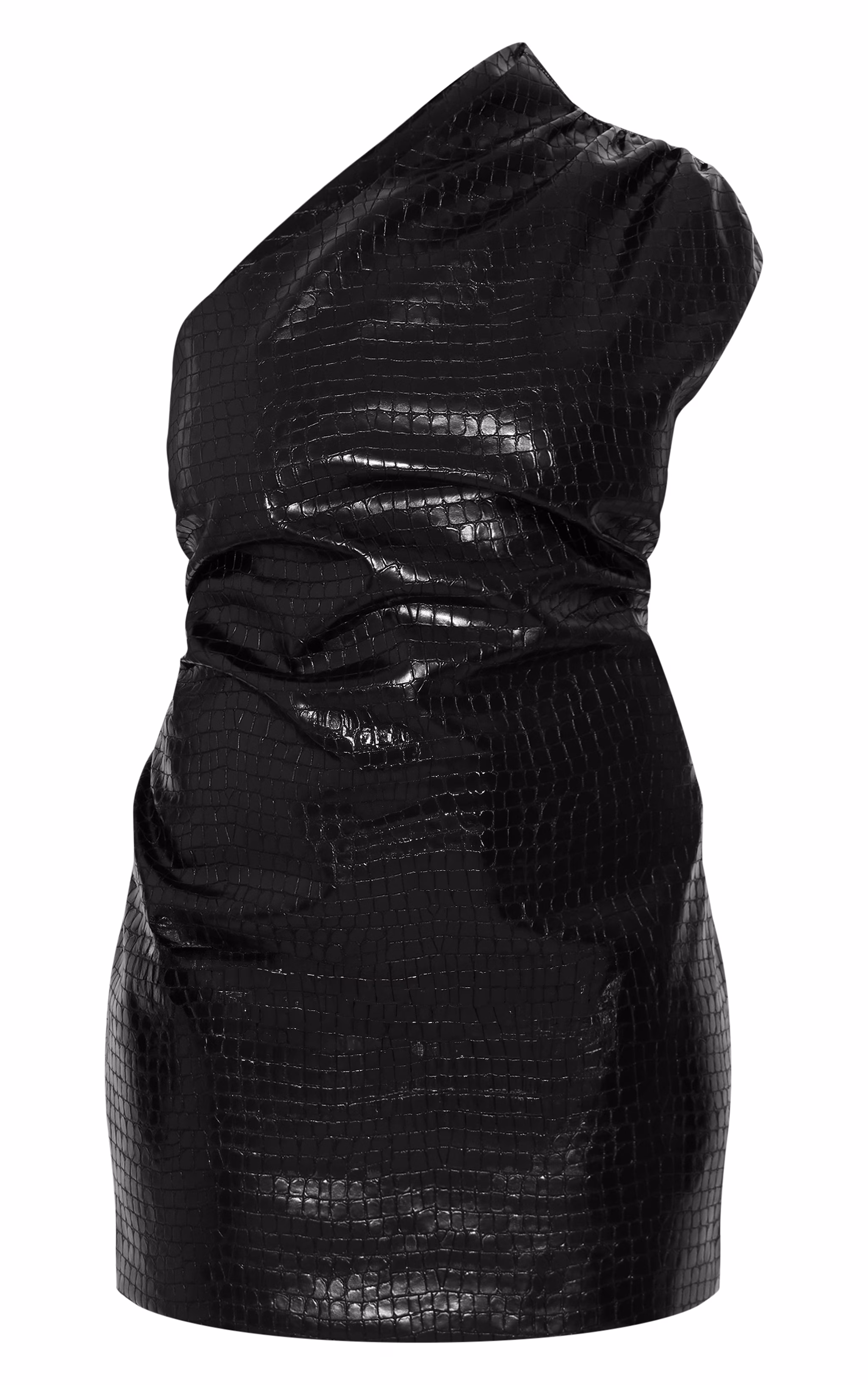 Plus Black Croc Faux Leather Ruched Asymmetrical Bodycon Dress