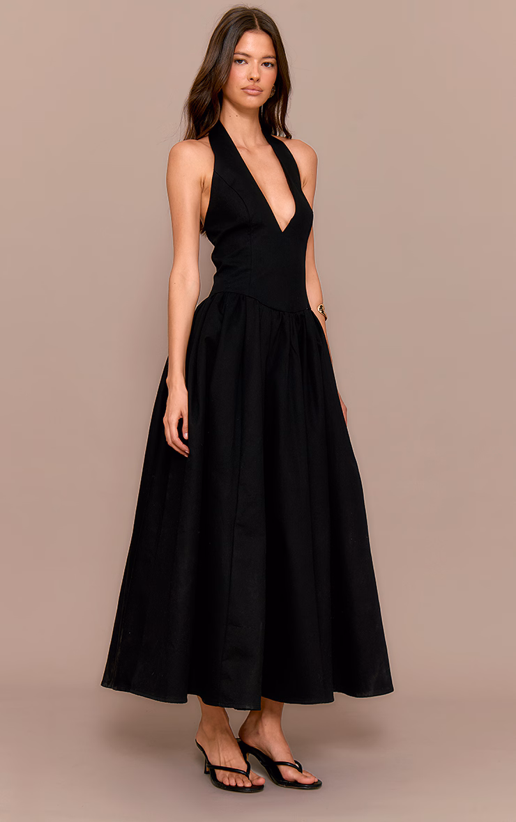 Black Halterneck Tie Detail Ruched Midaxi Dress