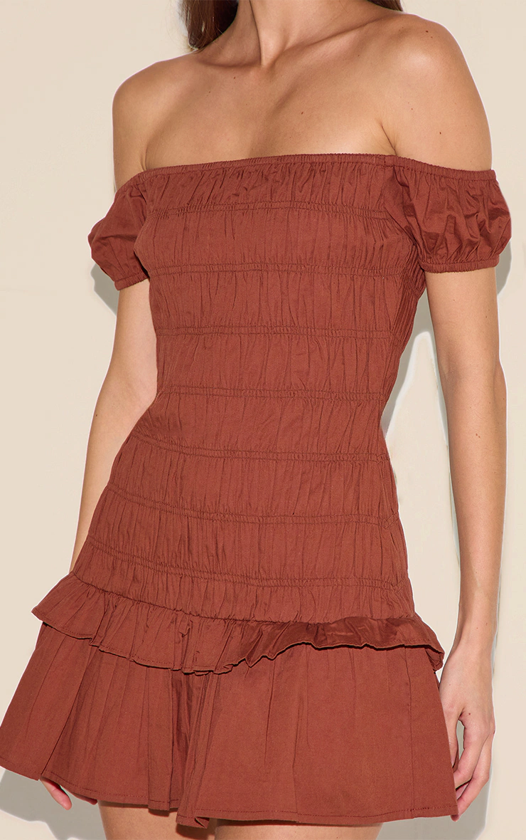 Chocolate Bardot Shirred Detail Shift Dress