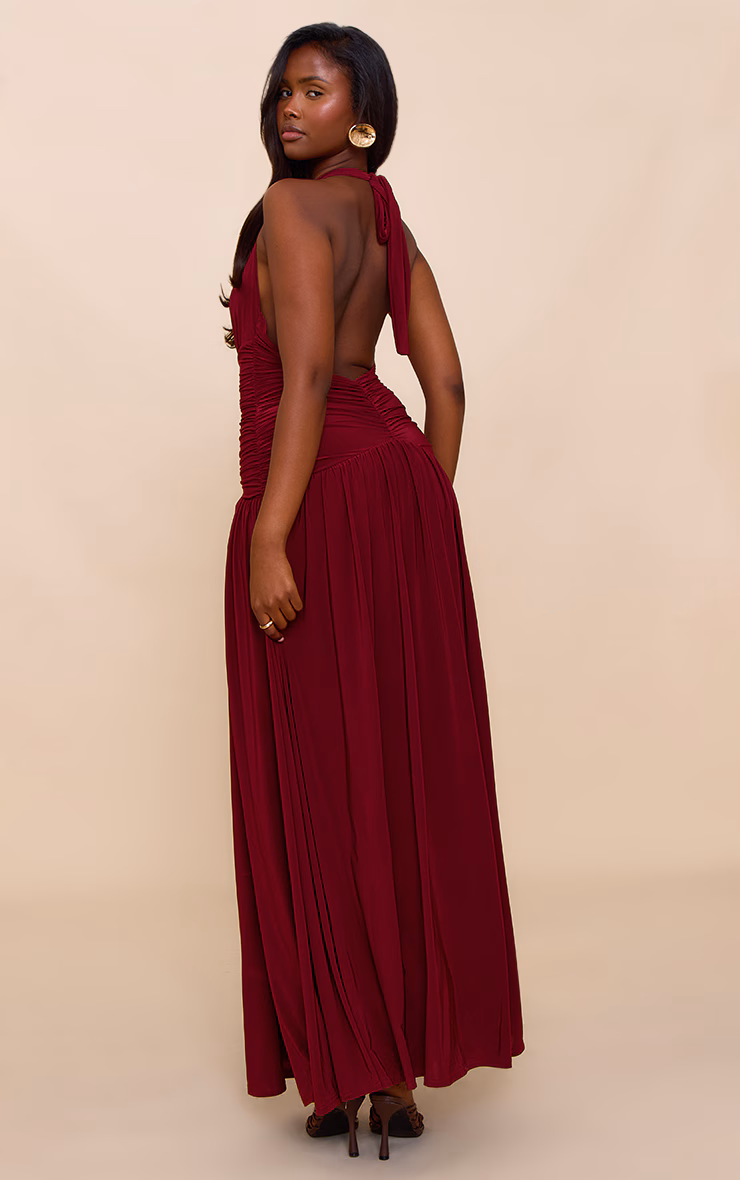 Burgundy Double Layer Slinky Ruched Maxi