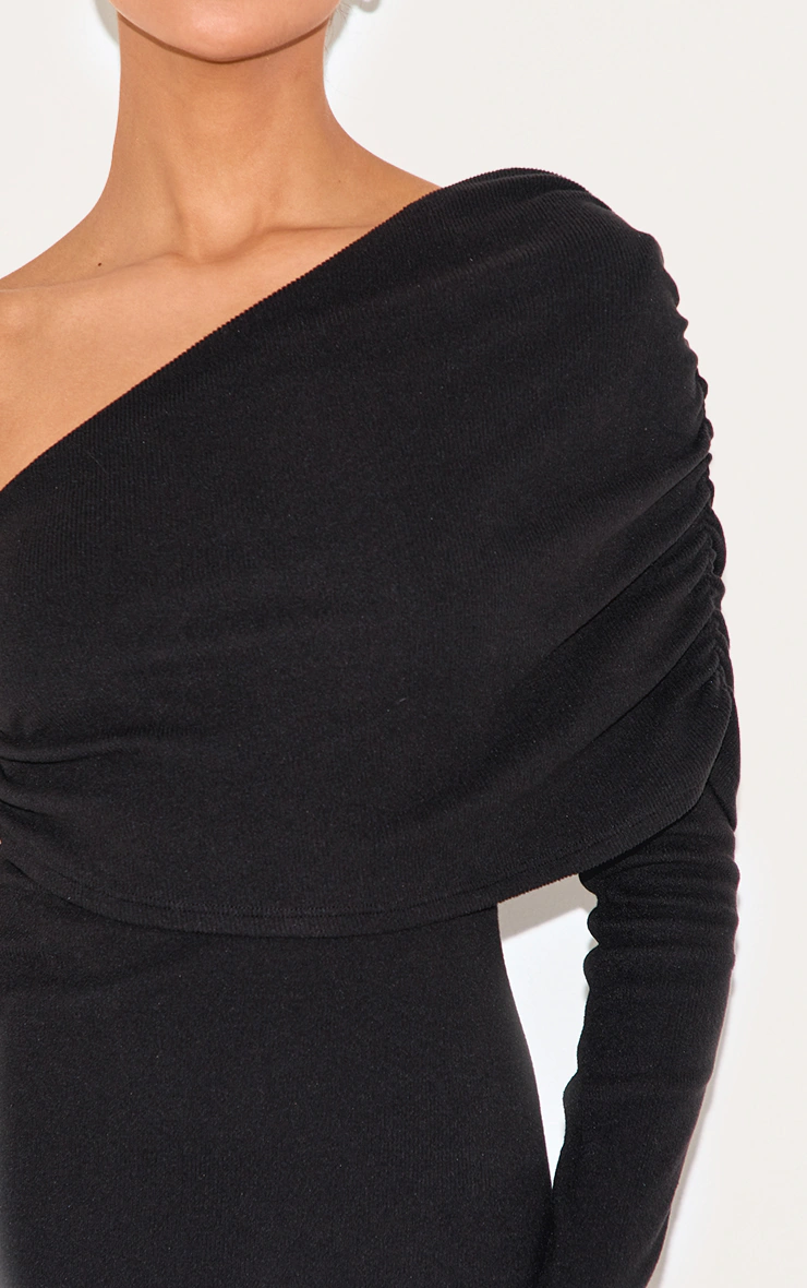 Black Rib Asymmetric Bardot Long Sleeve Bodycon Dress