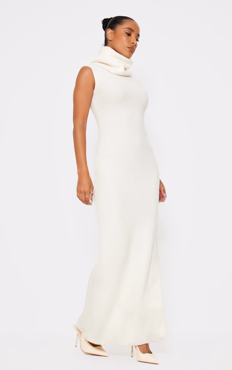 Cream Brushed Rib Roll Neck Maxi Dress