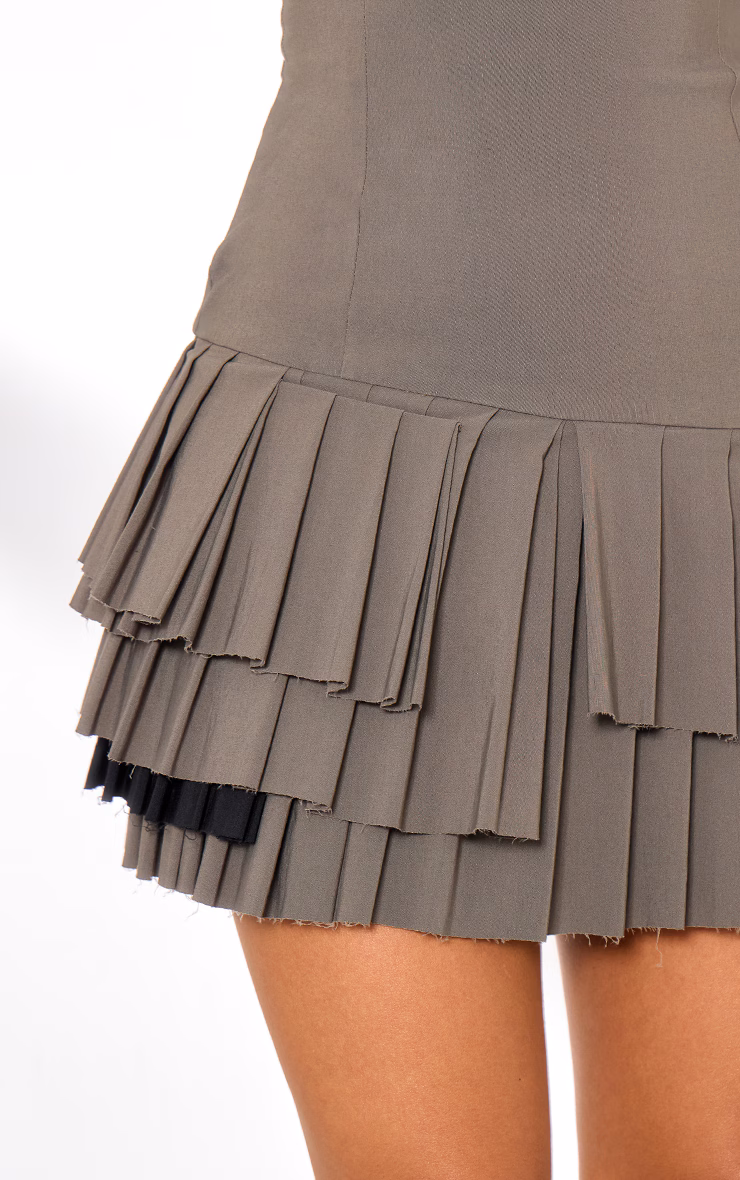 Khaki Stretch Woven Extreme Pleated Shift Dress