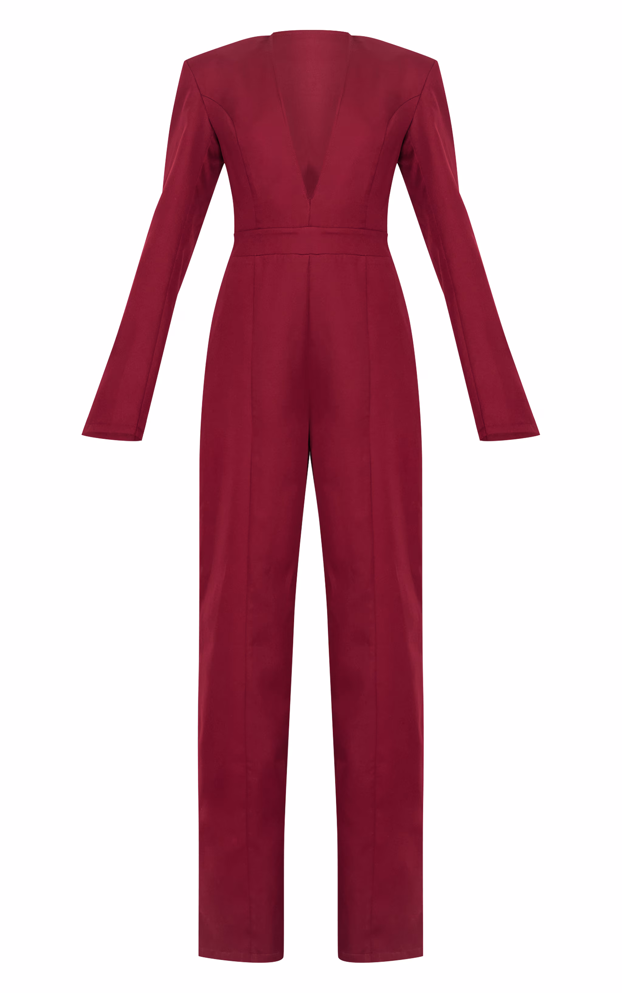 Burgundy Woven Plunge Long Sleeve Straight Leg Jumpsuit