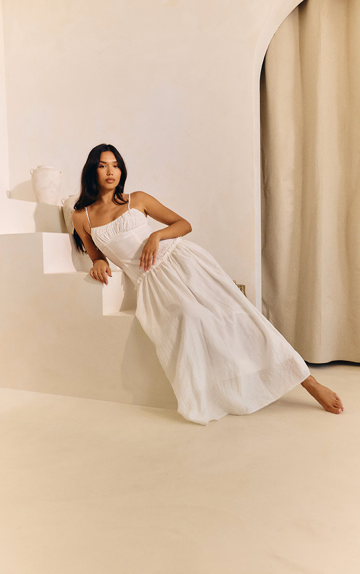 White Ruched Bust Drop Waist Maxi Dress