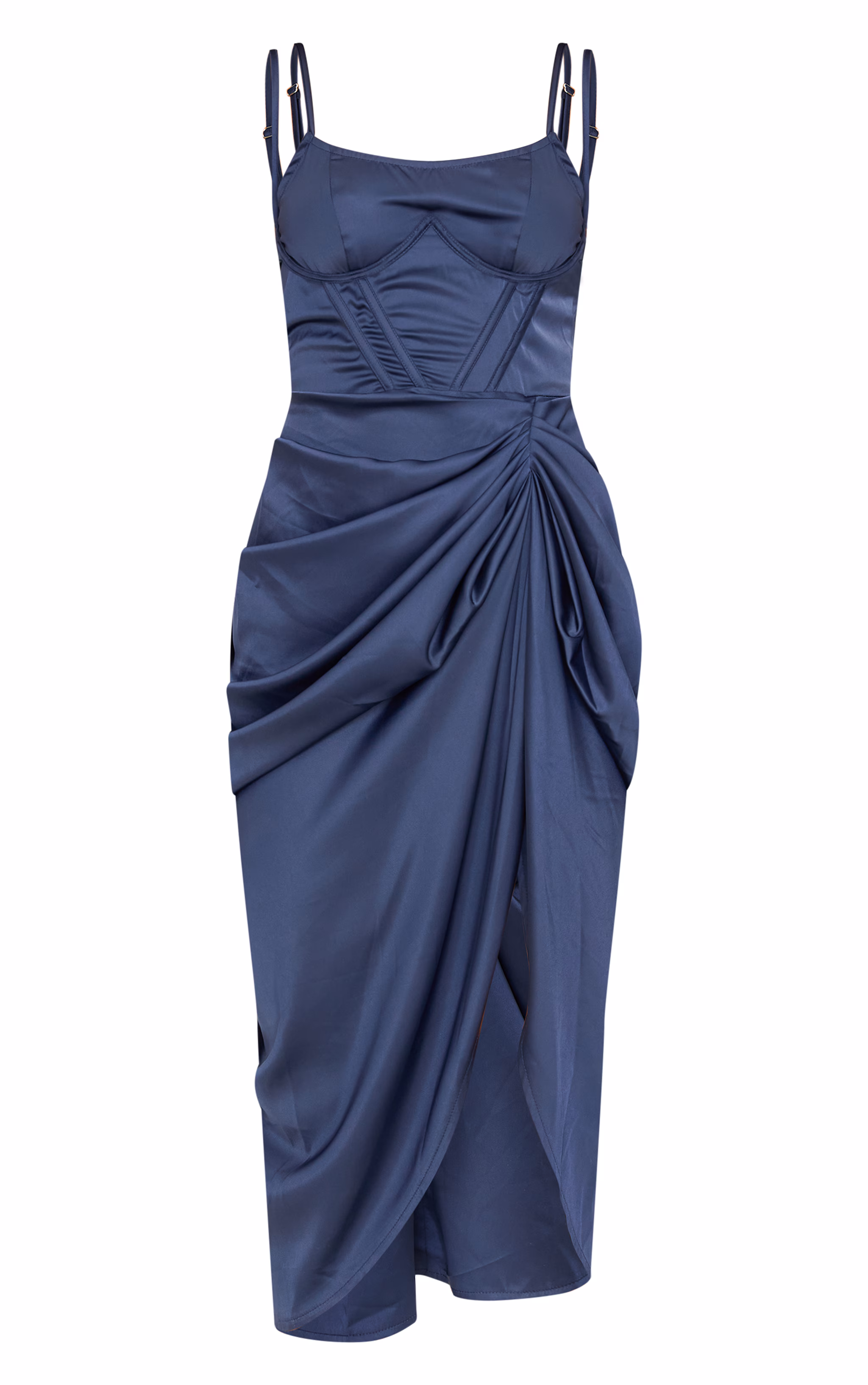 Navy Satin Underwired Draped Skirt Midi Dress