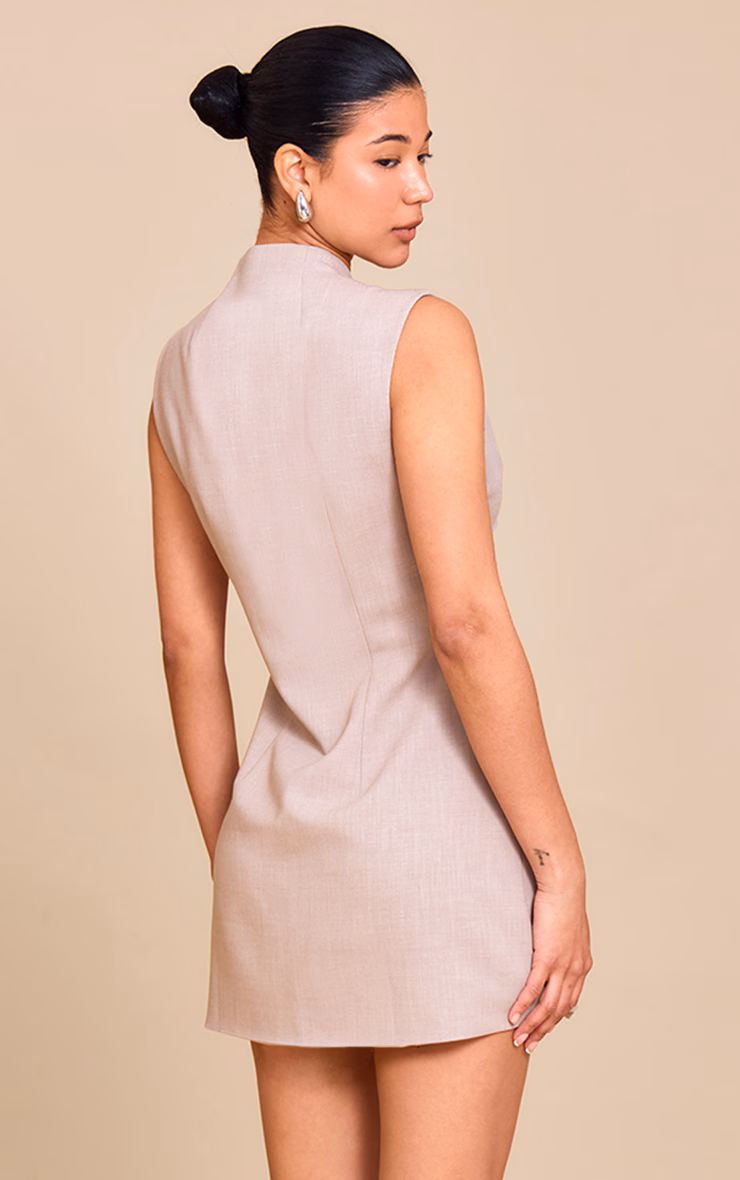 Sand Woven Collarless Button Mini Dress