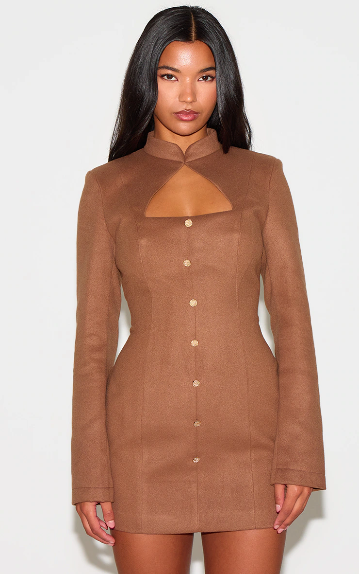 Deep Taupe Brushed Woven Long Sleeve Button Detail Mini Dress