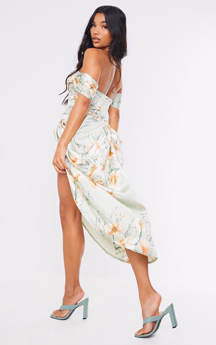 Sage Green Floral Print Satin Draped Bardot Midi Dress