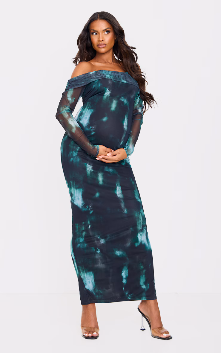 Maternity Black Printed Mesh Bardot Long Sleeve Maxi Dress