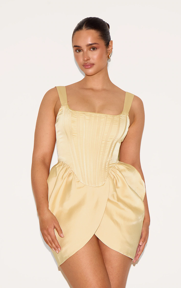 Shape Vanilla Satin Square Neck Corseted Tulip Mini Dress