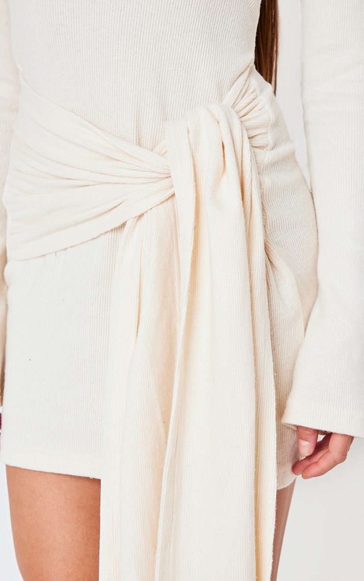 Cream Heavy Brushed Rib Boat Neck Wrap Tie Bodycon Dress