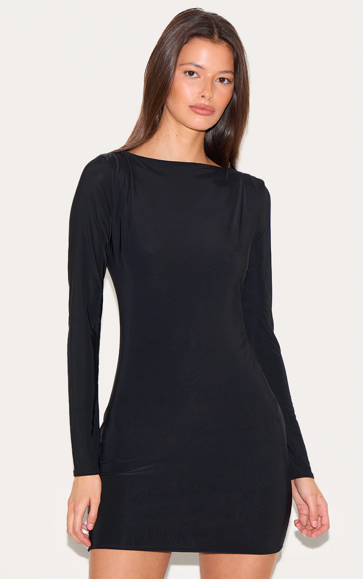 Black Slinky Long Sleeve Mini Dress