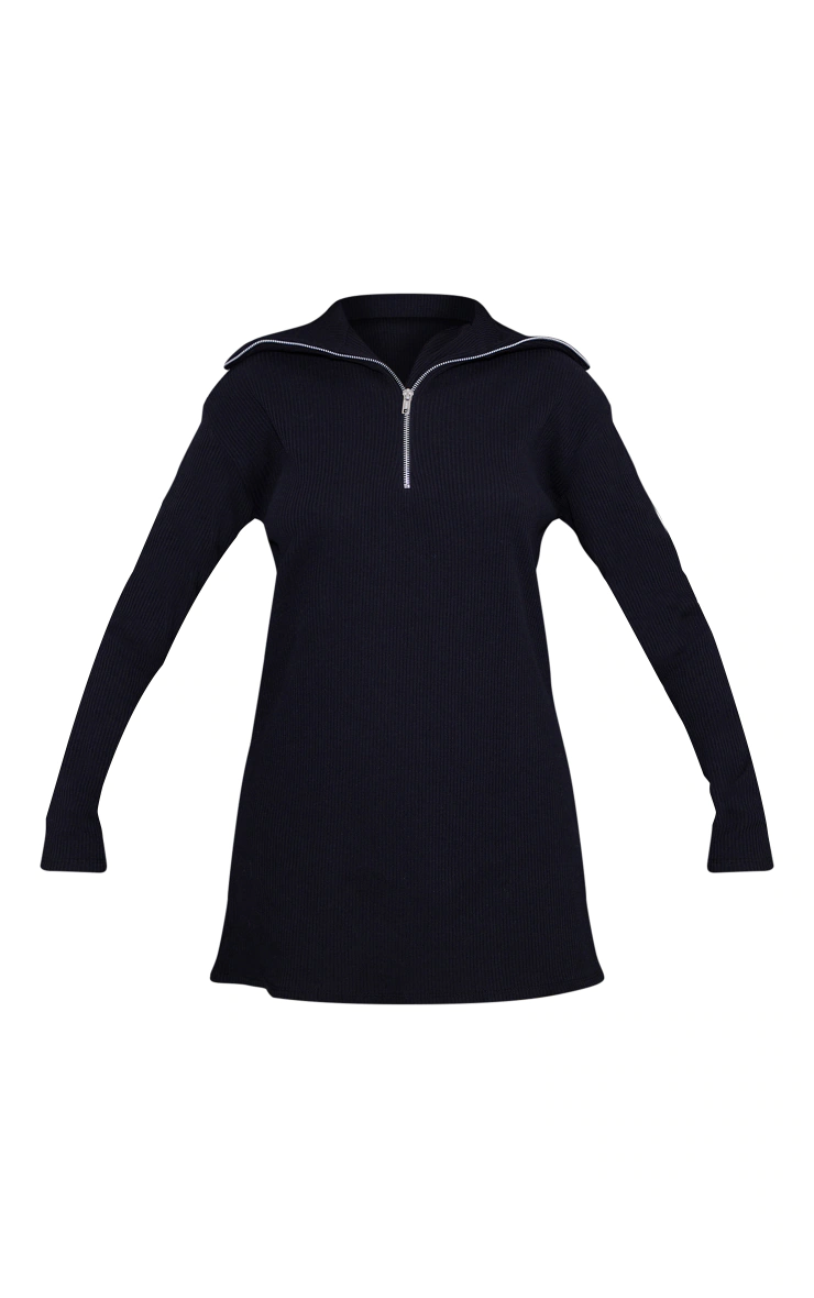 Black Rib High Neck Half Zip Oversized Sweater Dress