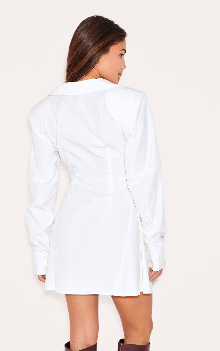 White Structured Ruched Detail Long Sleeve Shirt Dress