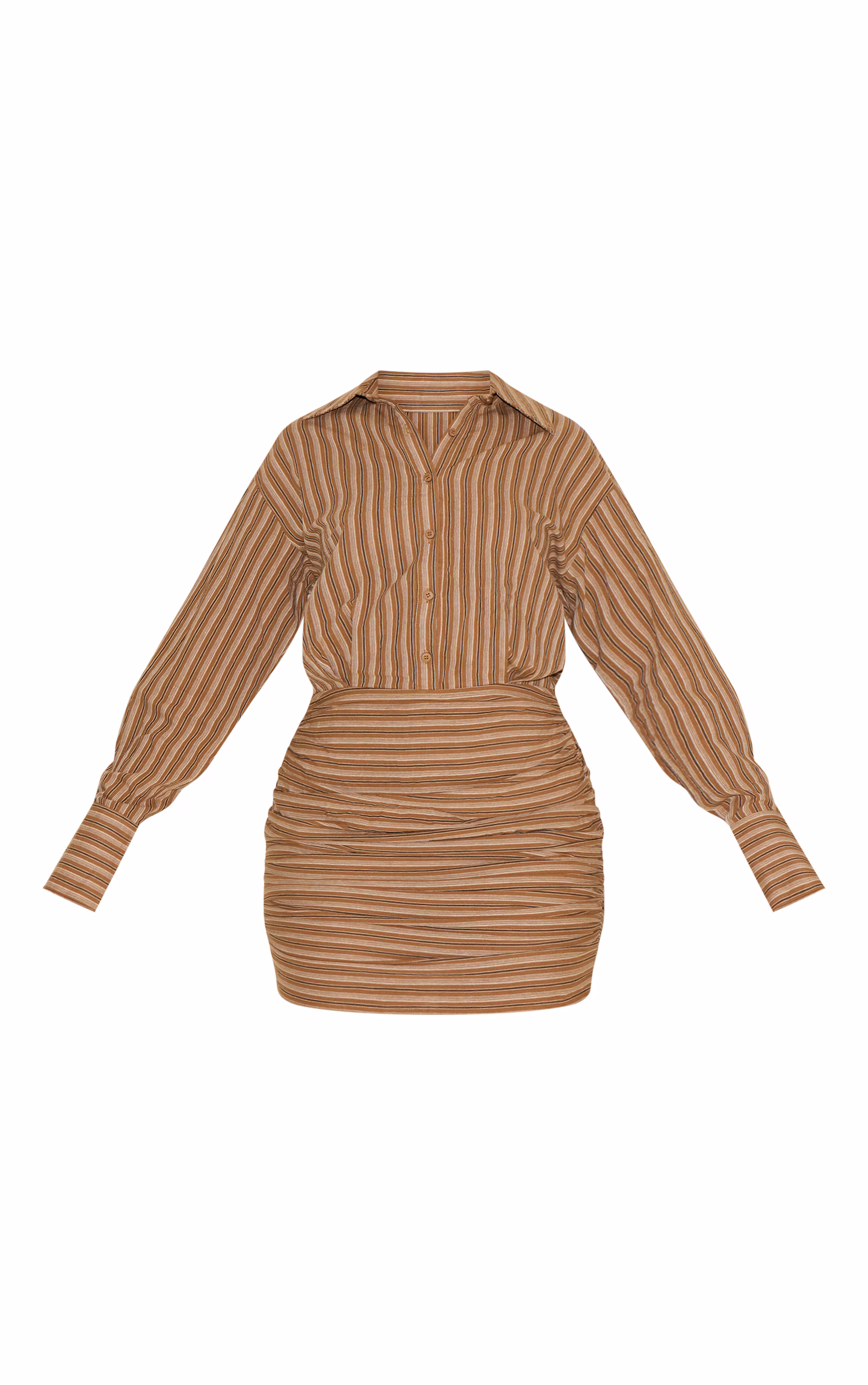 Shape Chocolate Striped Button Front Ruched Hem Shirt Dress