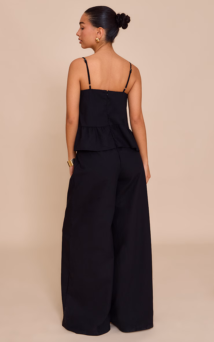 Black Linen Blend Peplum Detail Overlay Jumpsuit