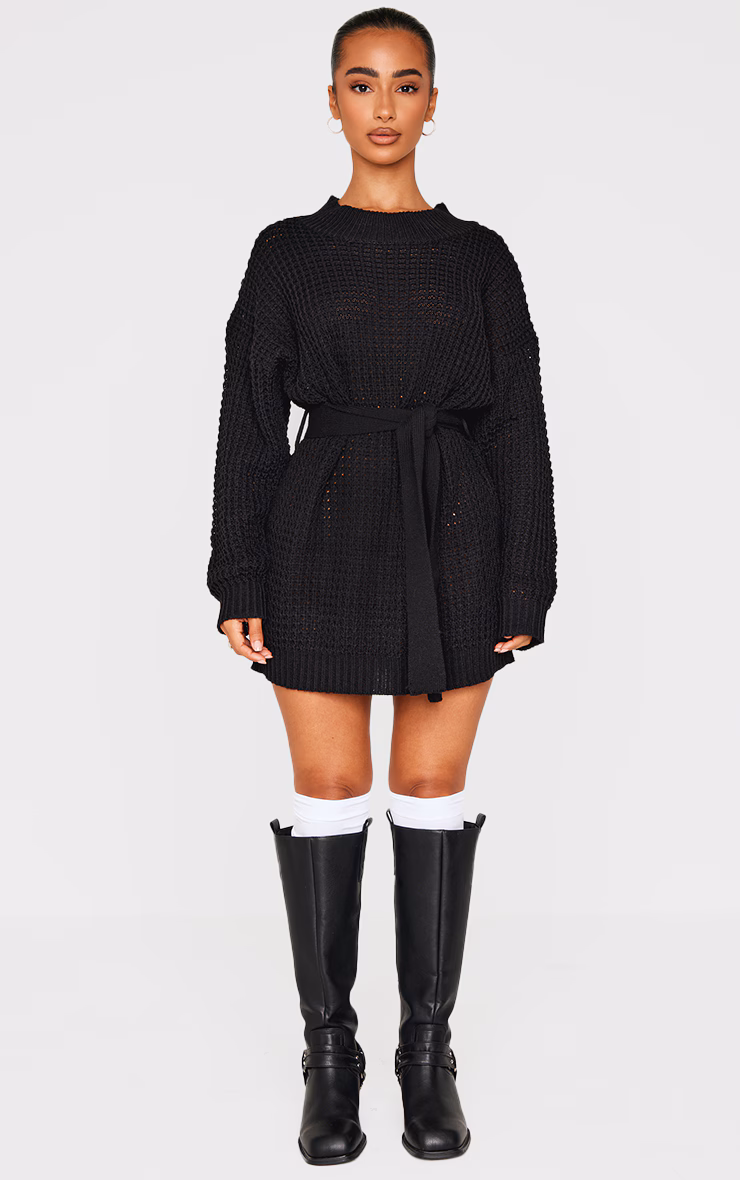 Petite Black Touch Belted Knit Sweater Dress