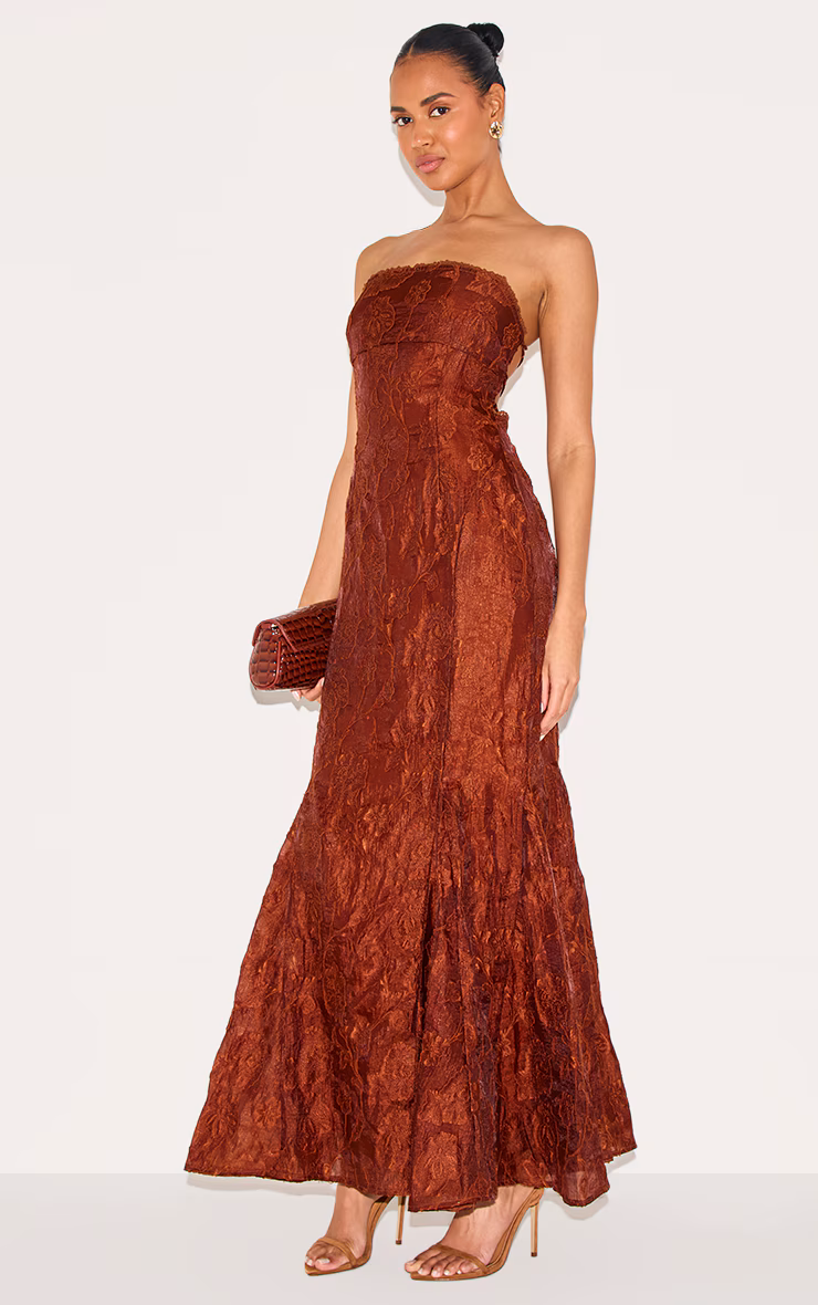 Chestnut Textured Lace Up Back Maxi Dress