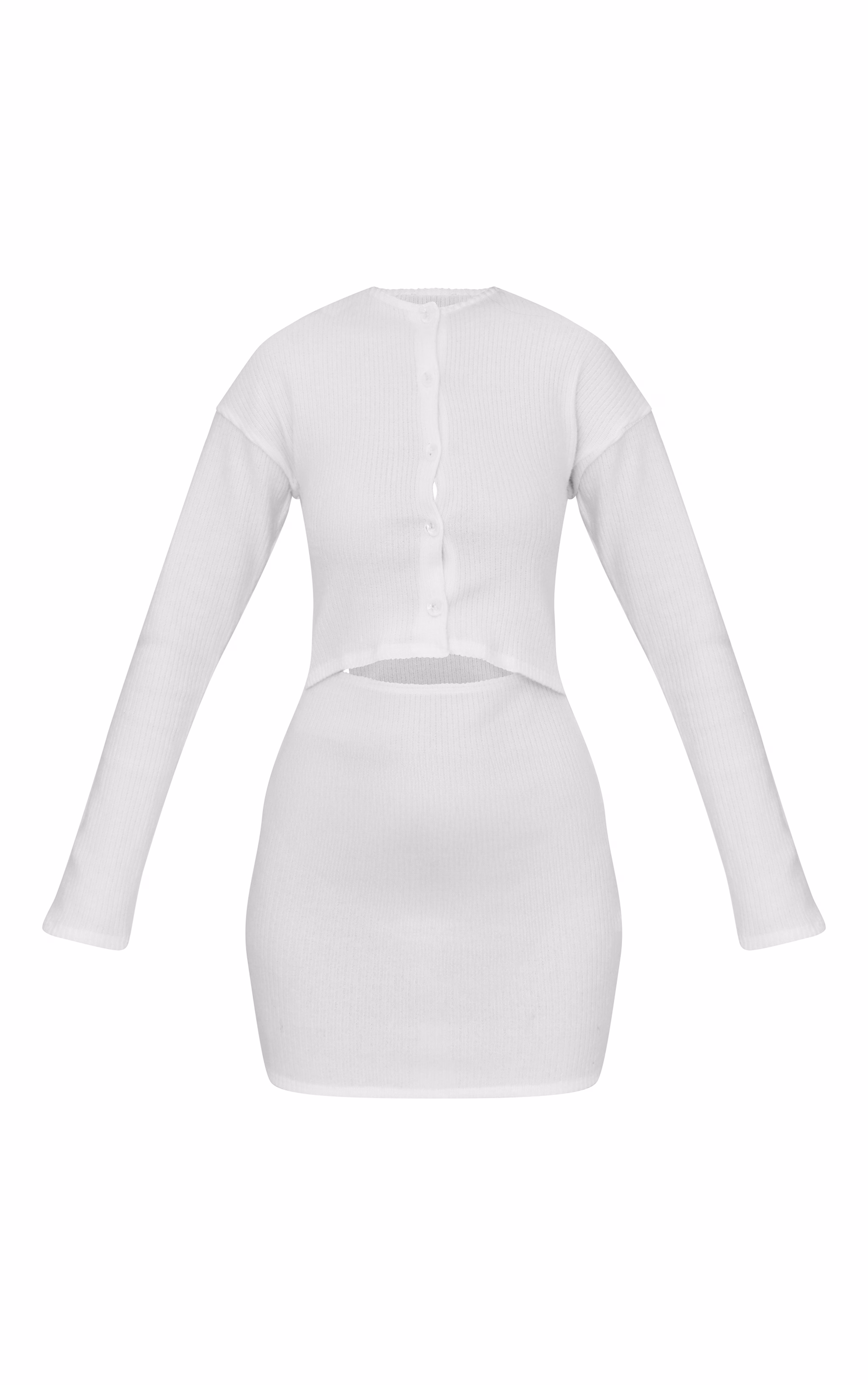 Cream Brushed Rib Button Detail Long Sleeve Bodycon Dress