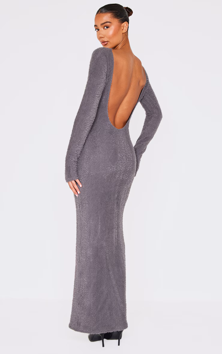 Charcoal Fluffy Scoop Back Maxi Dress